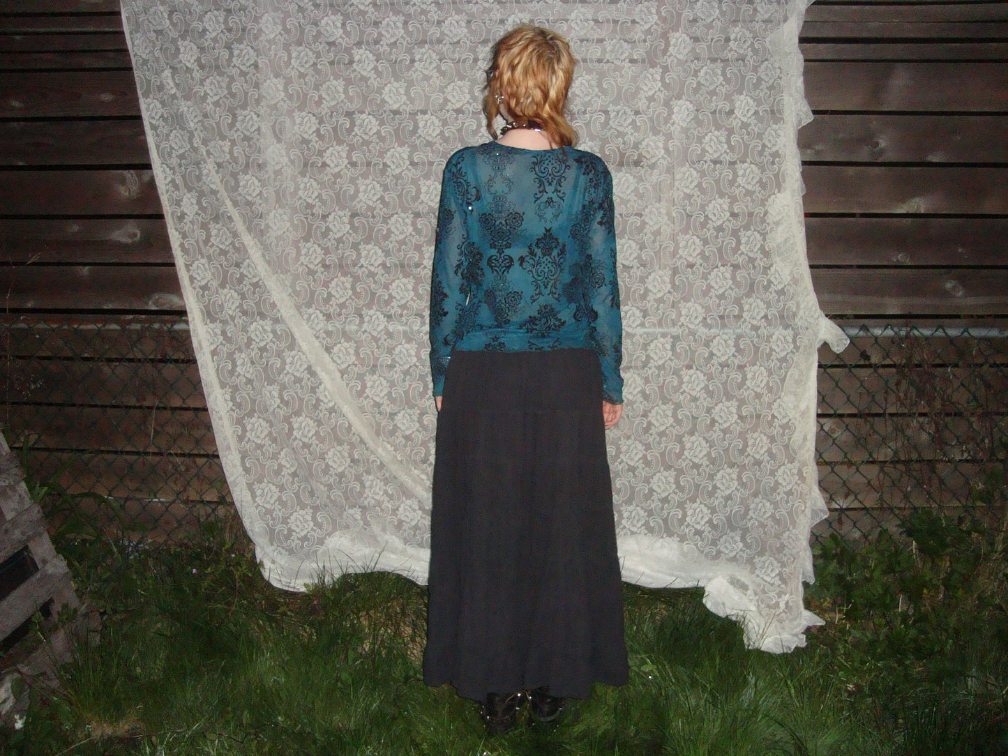 printed sparkly semi sheer teal long sleeve