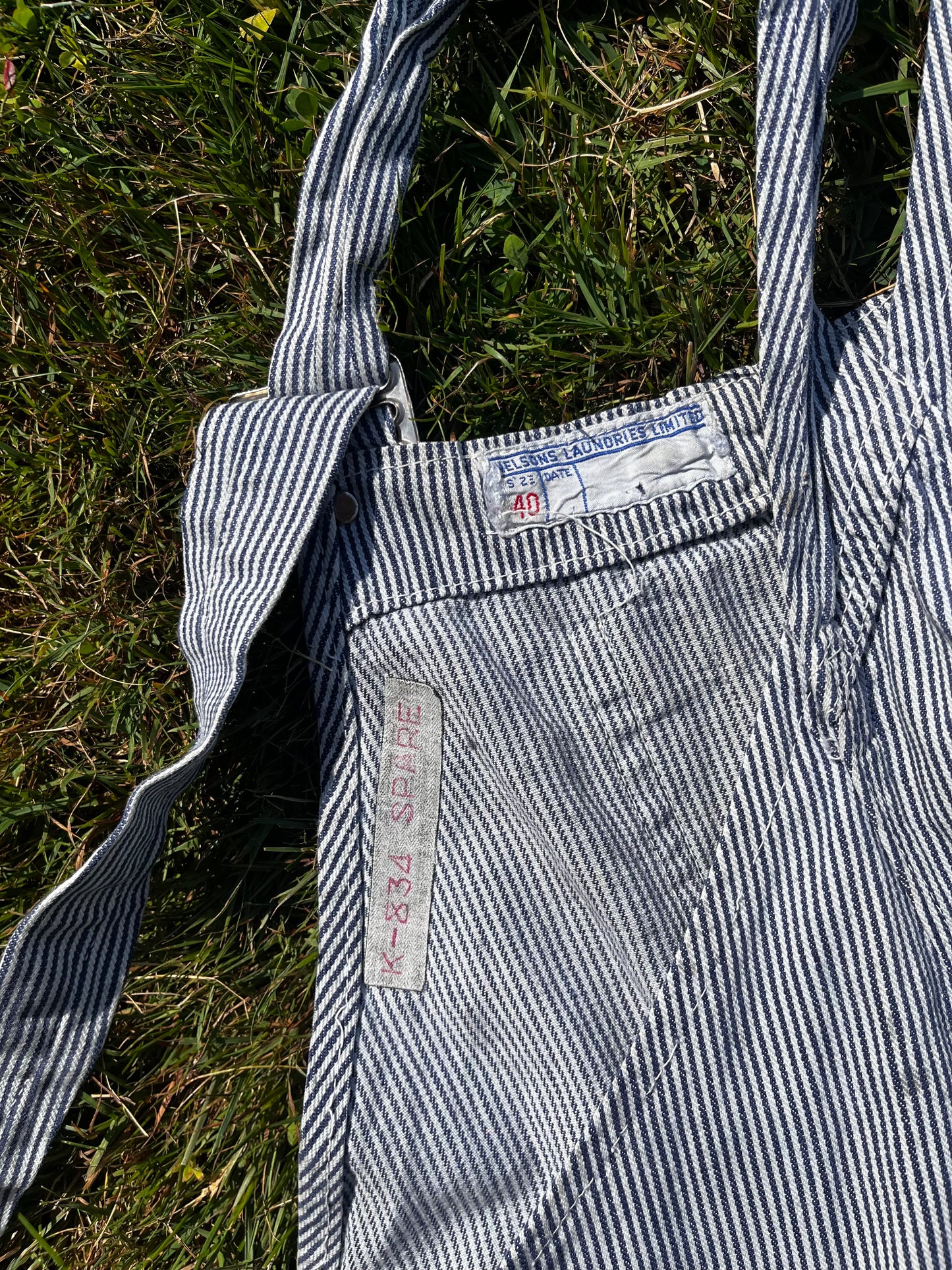 1950s hickory stripe distressed and mended overalls