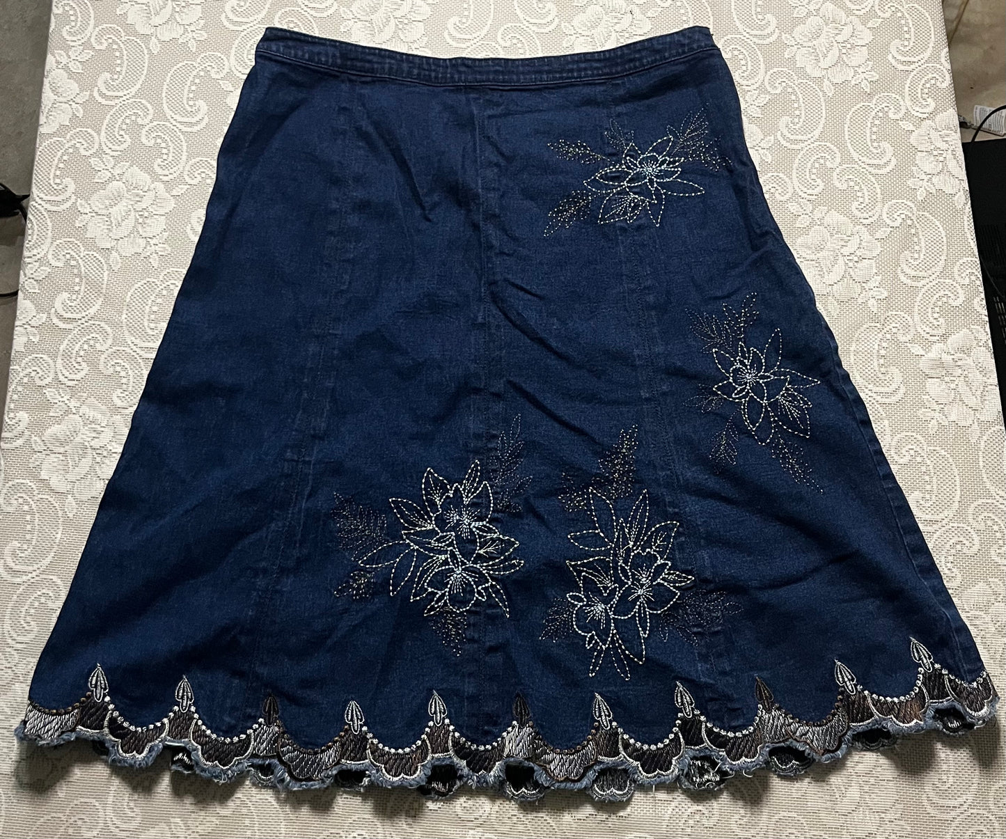 denim floral embroidered skirt