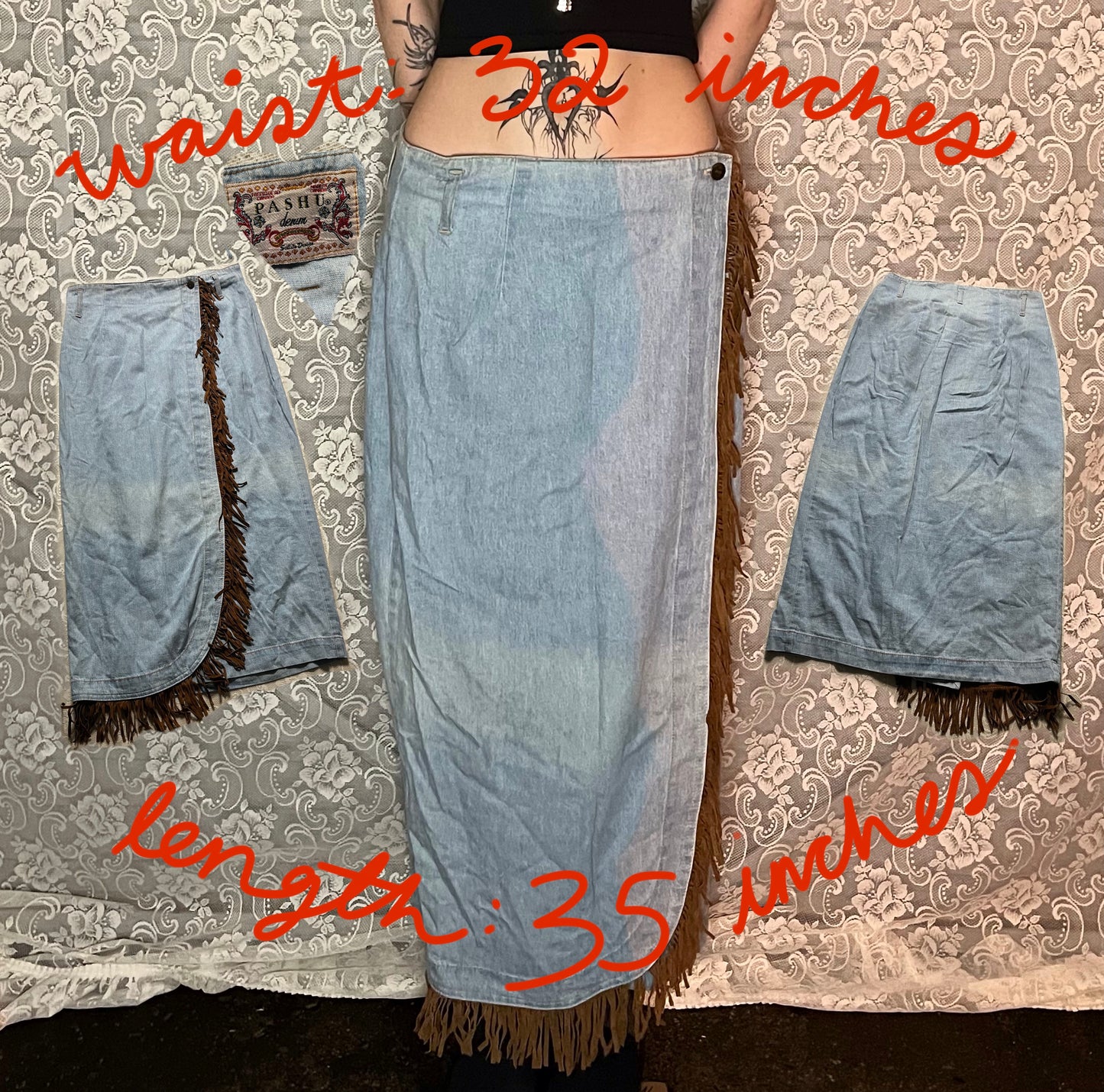 vintage denim fringe maxi wrap skirt