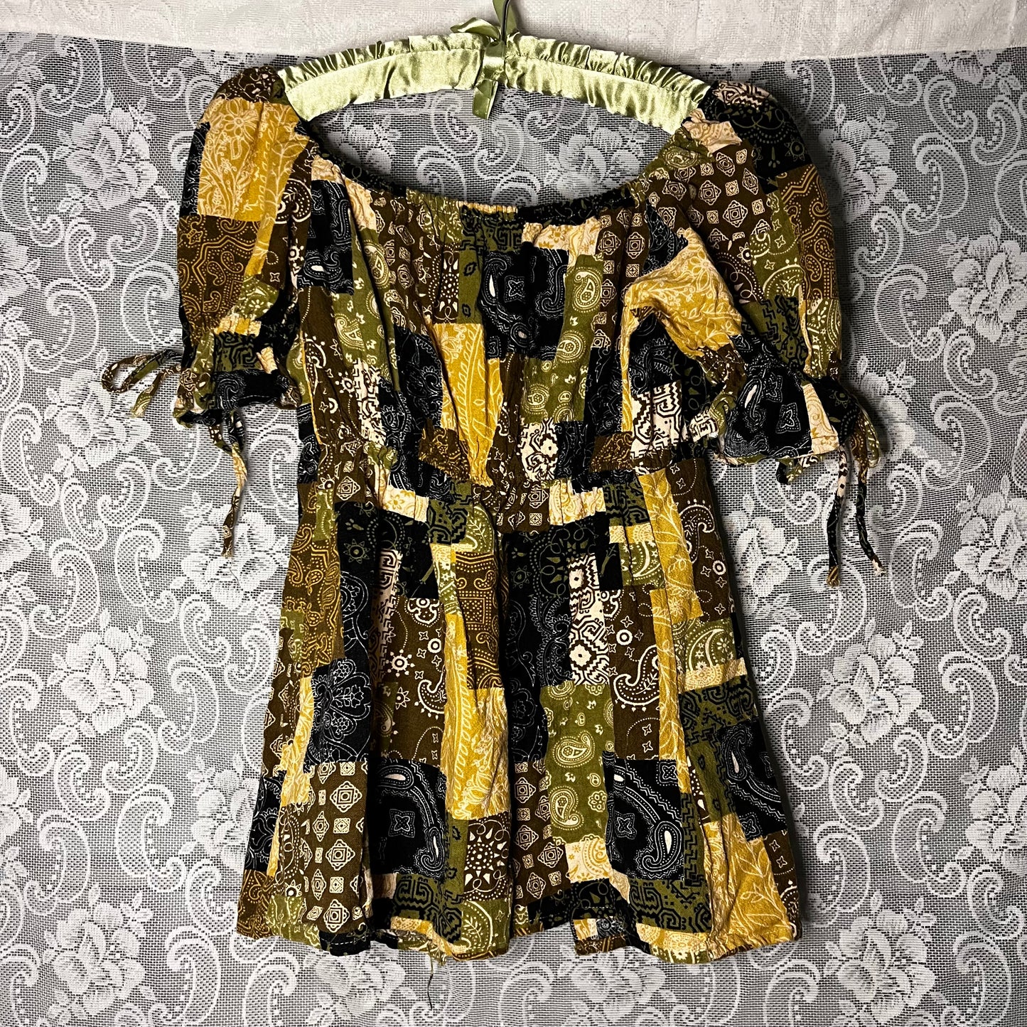 green patchwork blouse