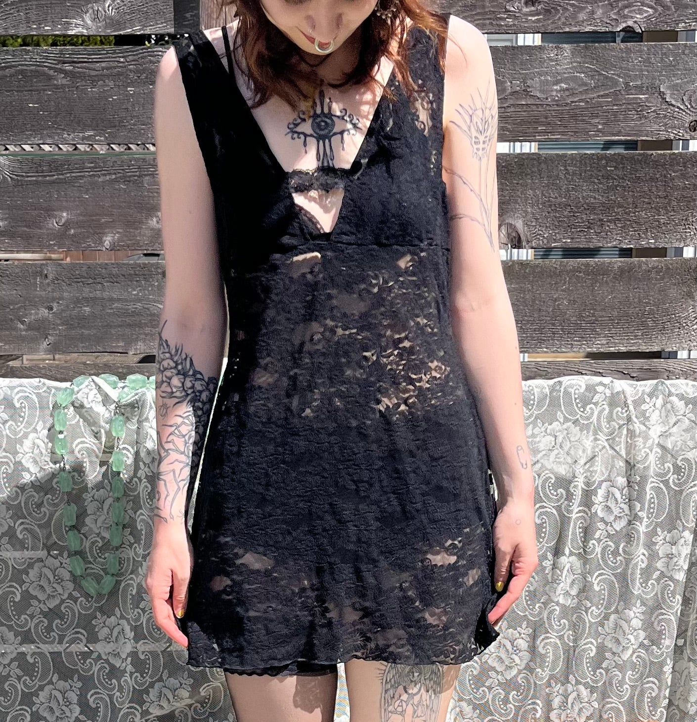 sheer black lace mini dress