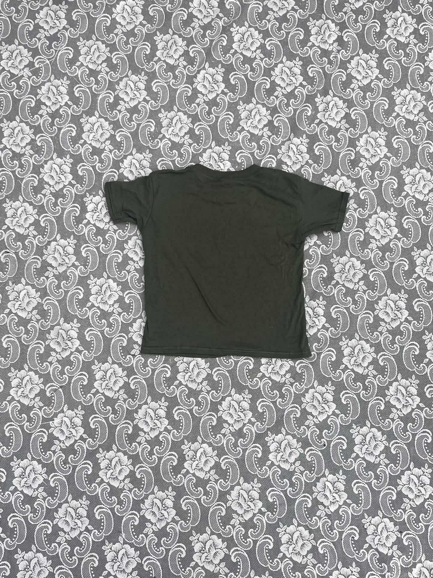 army green centipede cross block print XS baby tee