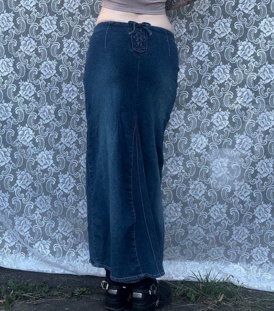 90s denim maxi skirt w/ lace up back