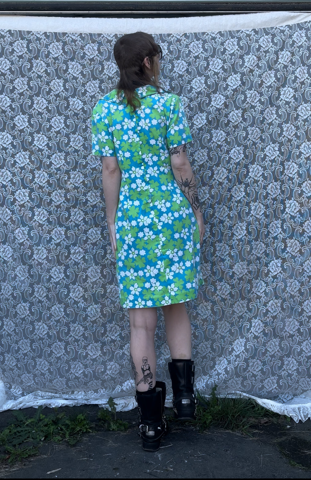 60s handmade blue n green hawaiian print collared dress