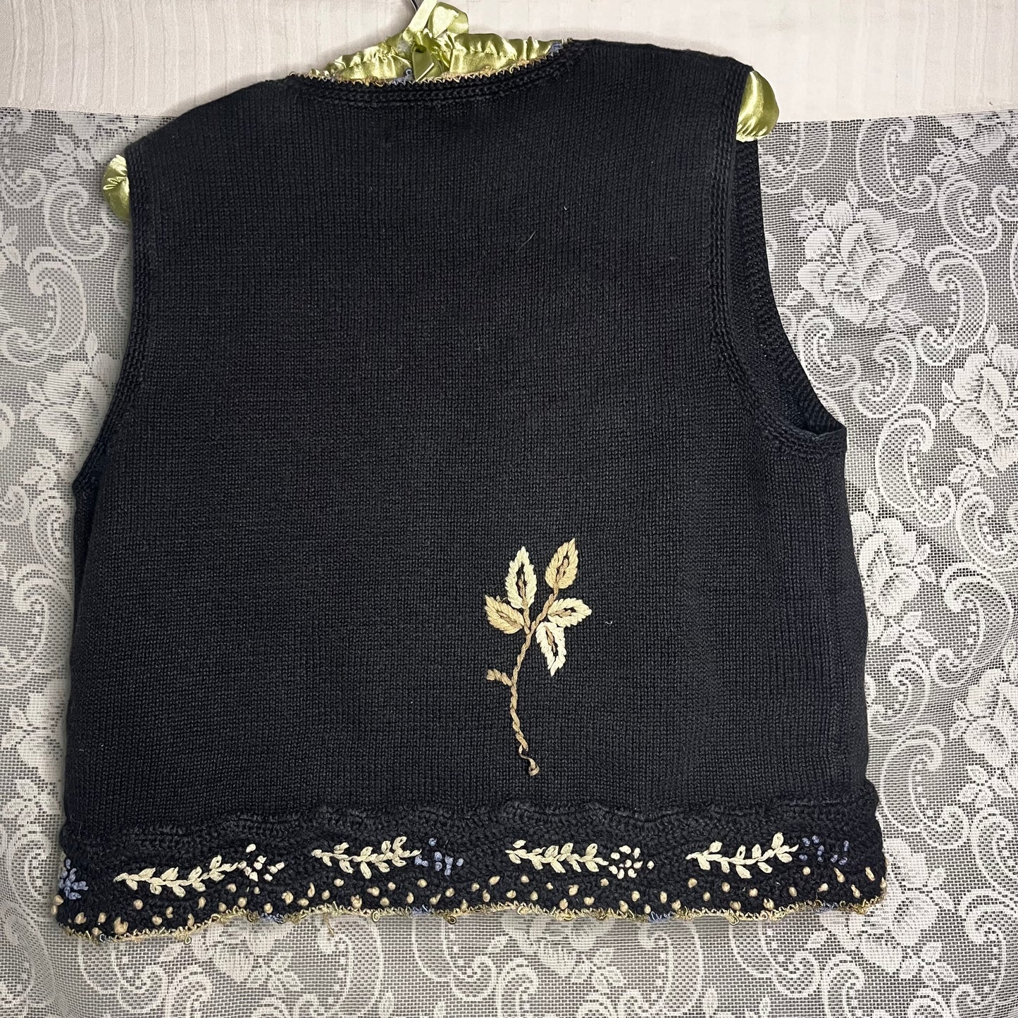 black knit embroidered flower vest