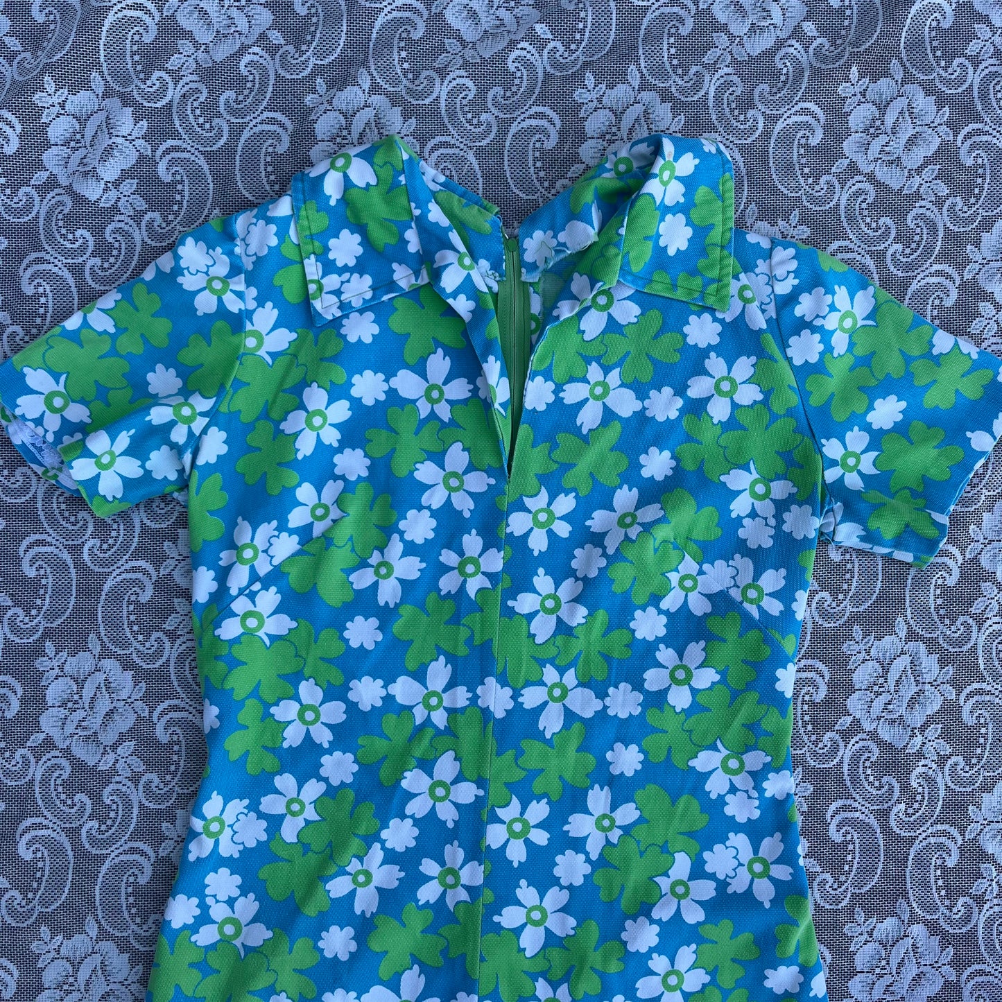 60s handmade blue n green hawaiian print collared dress