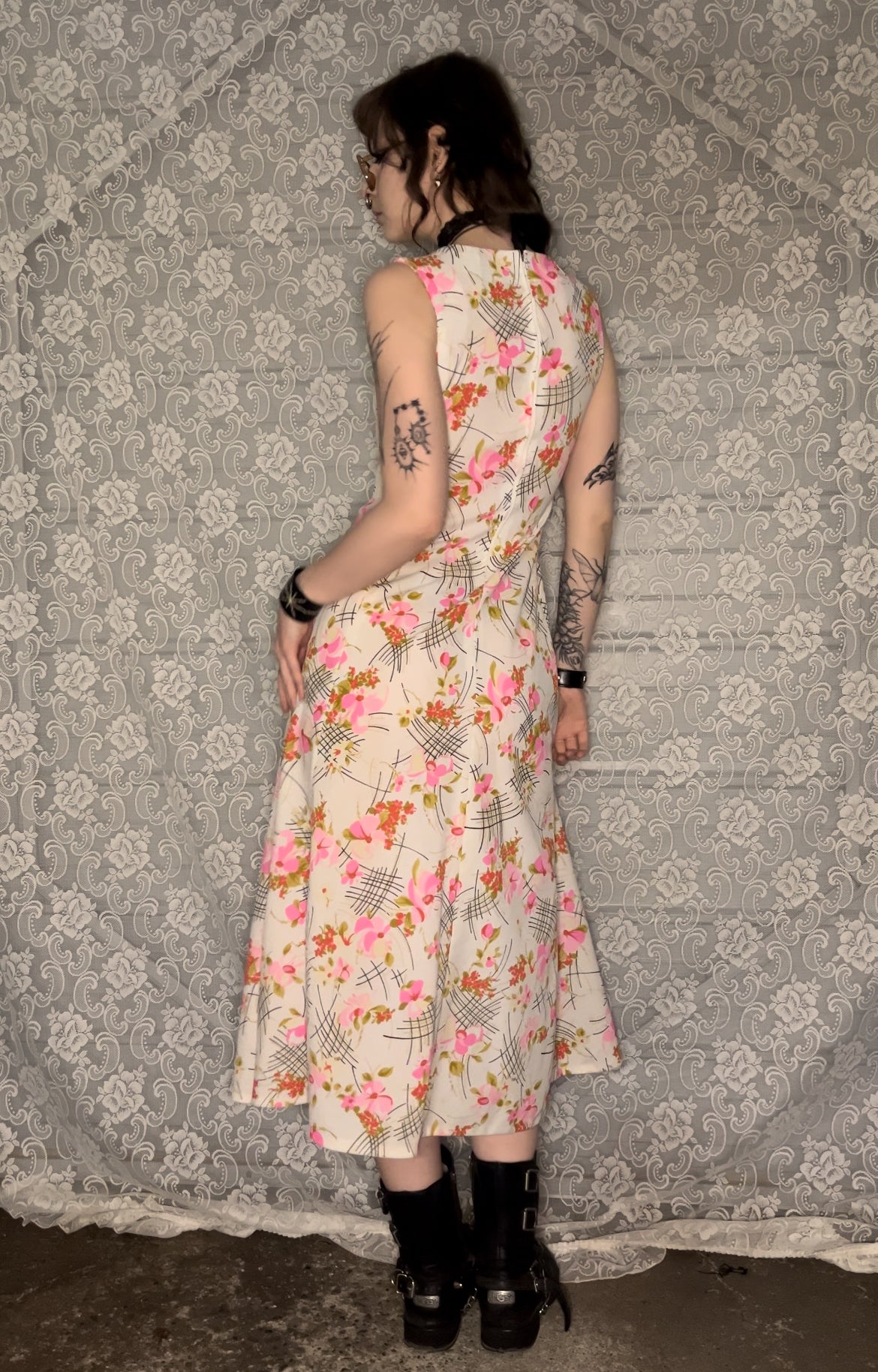 70s handmade white/pink floral dress