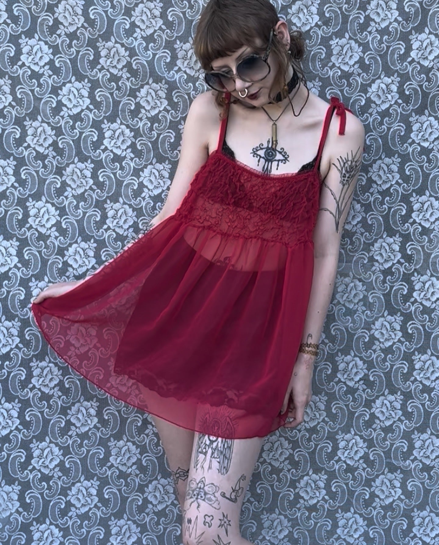 red ruched sheer babydoll slip dress