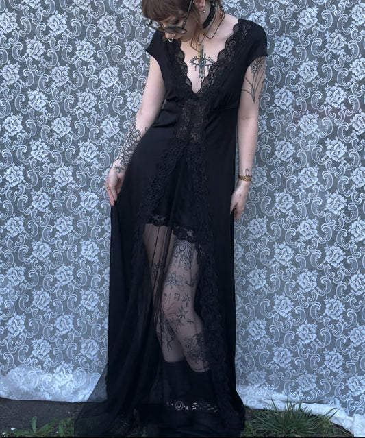 very long black sheer panel slip dress (as-is)