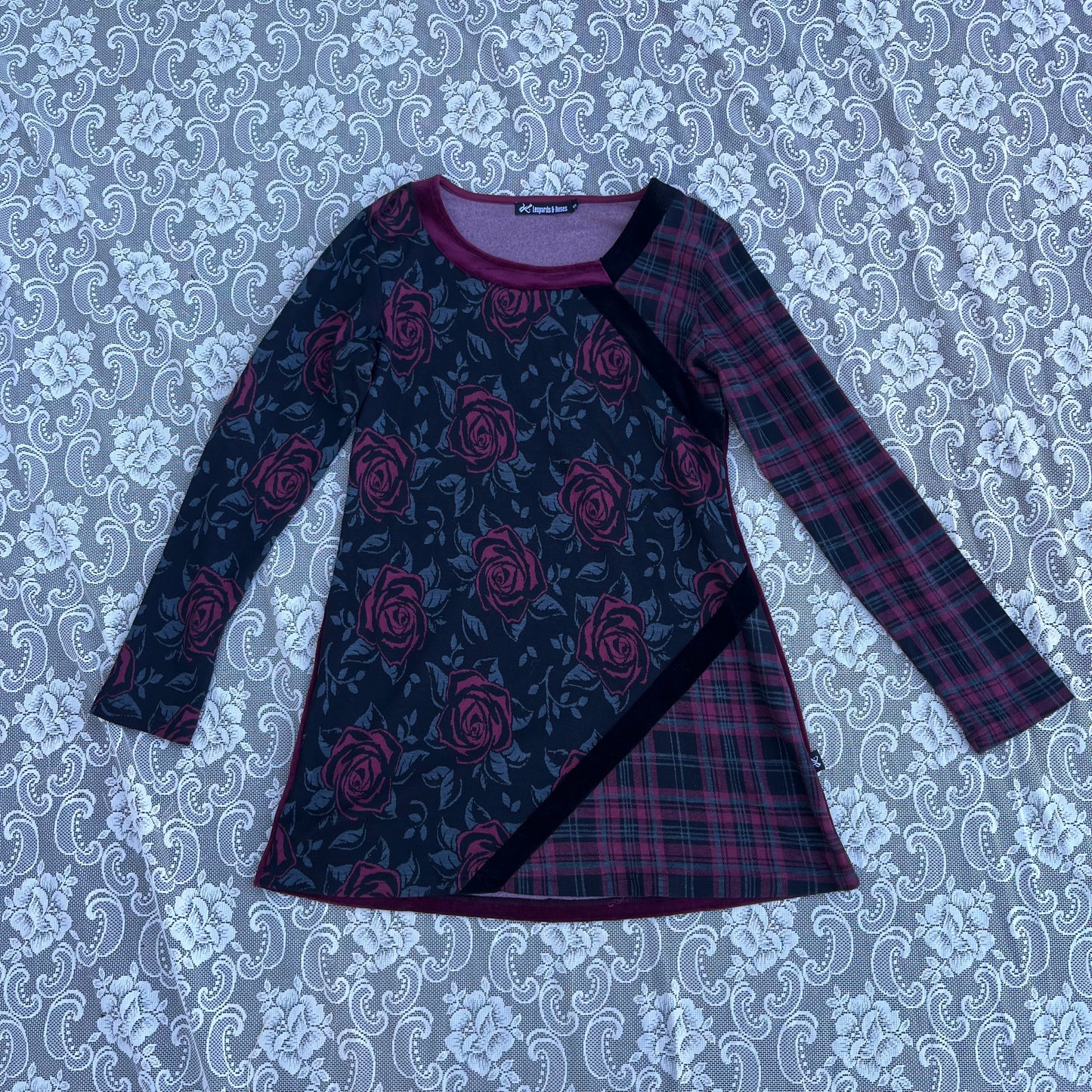 plaid/rose/velvet long sleeve mini dress