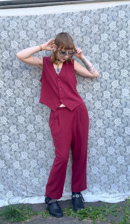 90s red n black stripe 2 piece vest n pant set