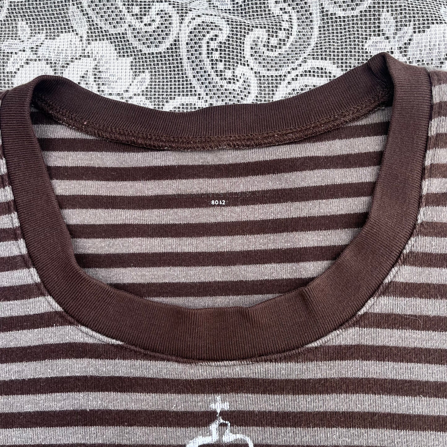 stripey greyish brown screenprinted tshirt