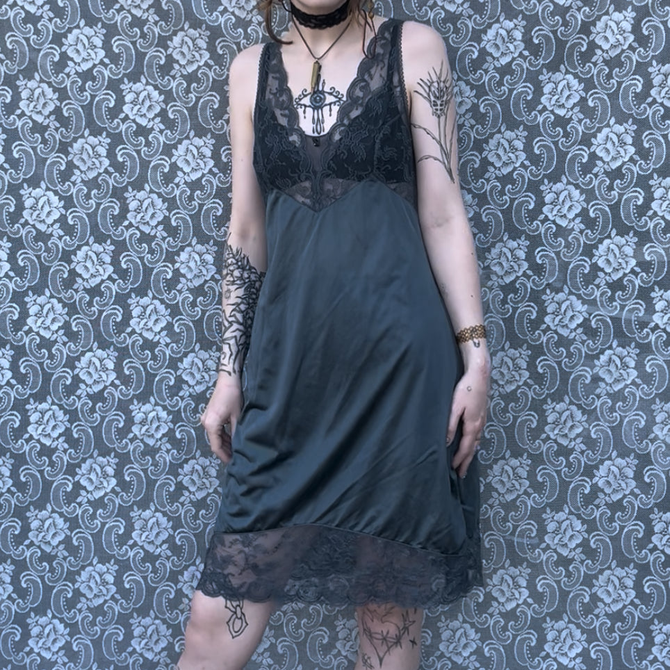 vintage grey hand dyed lace top slip dress