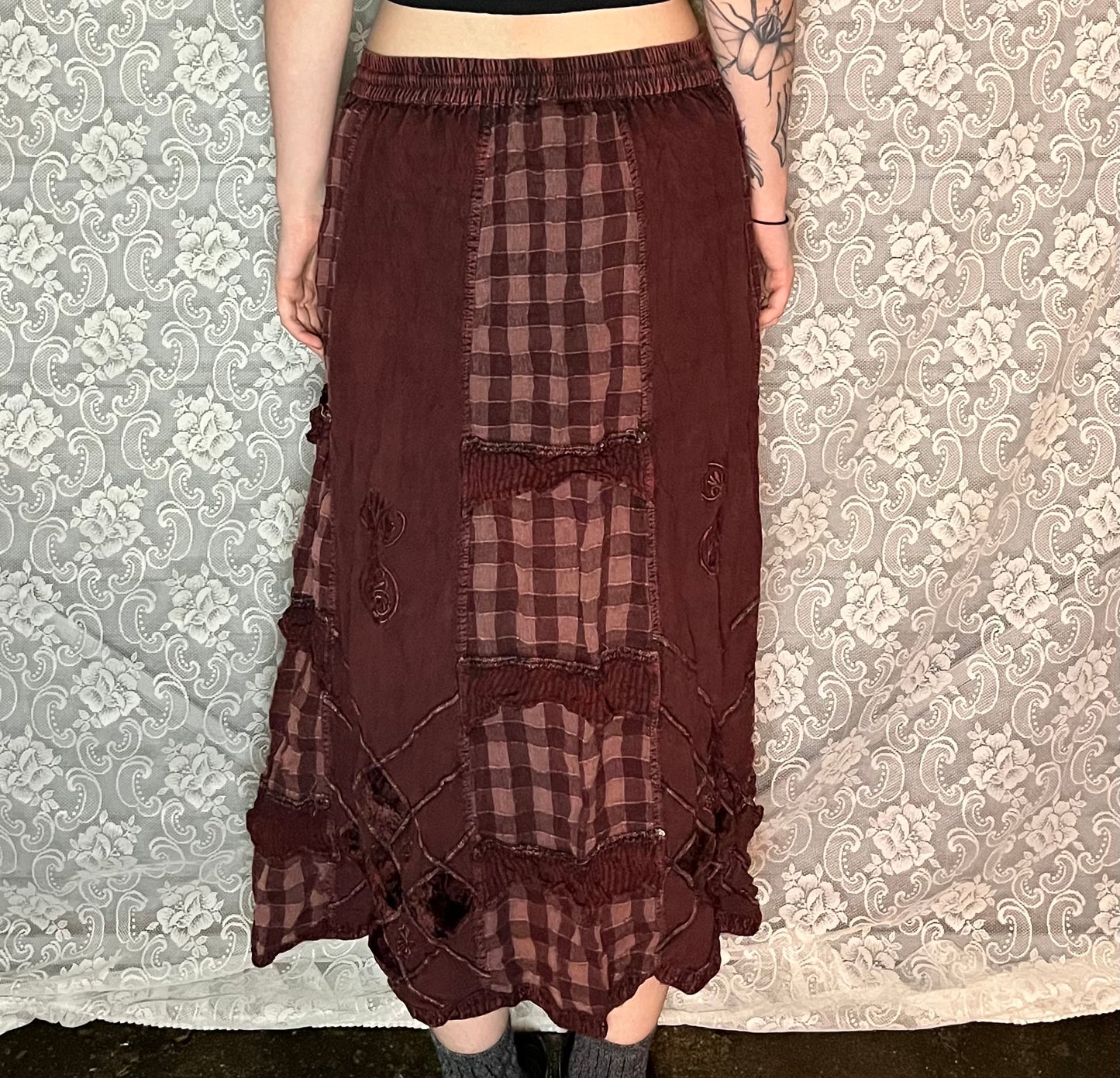 vintage plaid burgundy hippie skirt