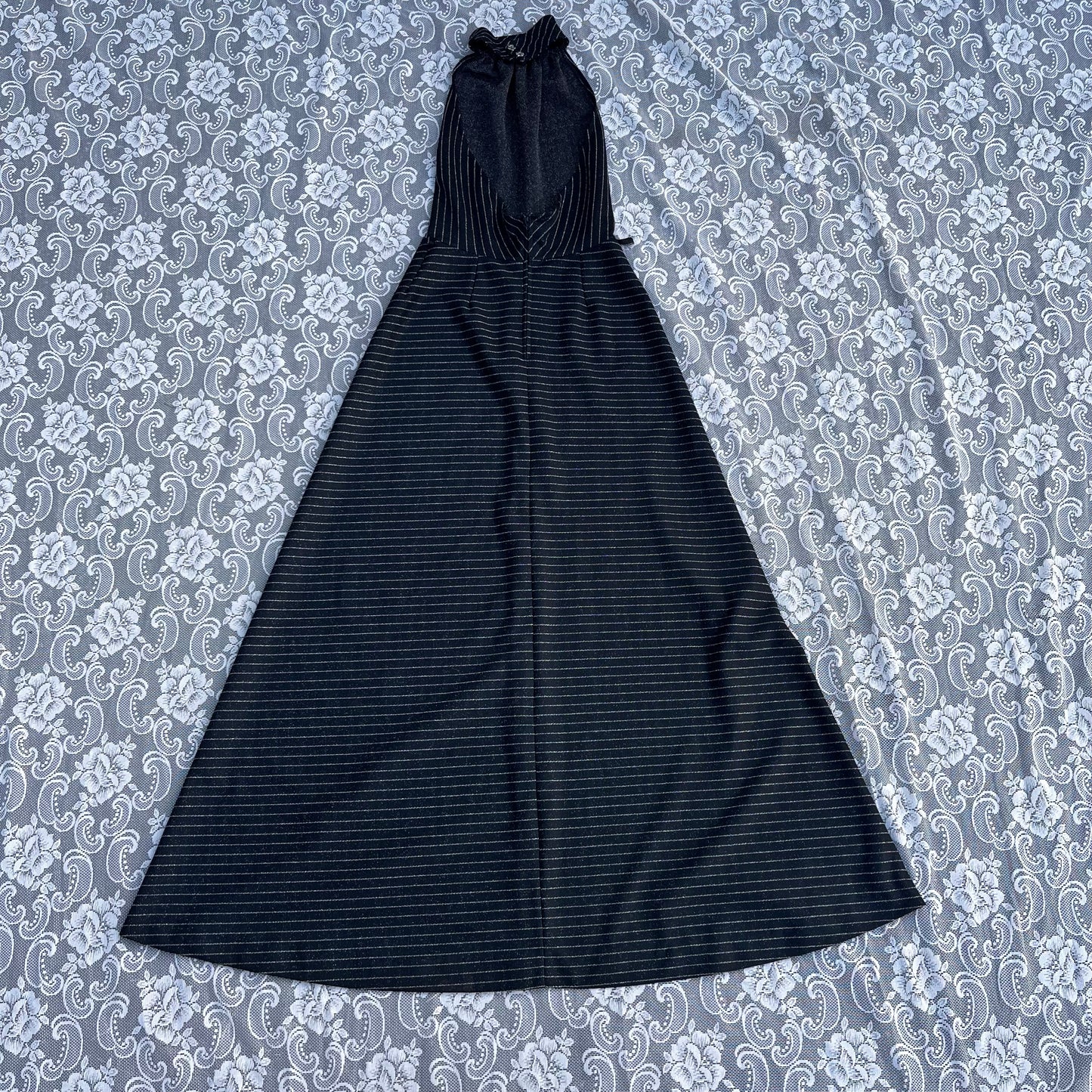 70s sparkly pinstripe black n silver halter neck maxi dress