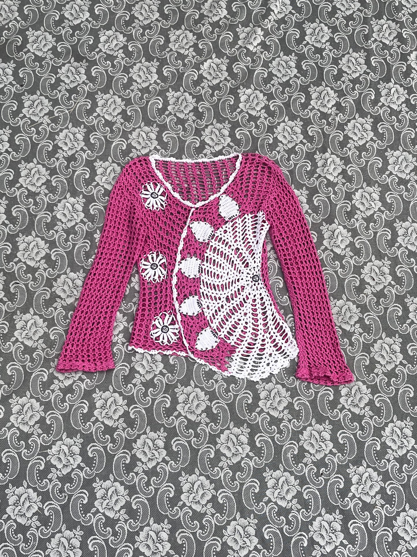 pink and white knit bedazzled long sleeve sweater top