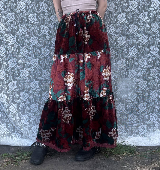 AS-IS red velvet floral tiered skirt