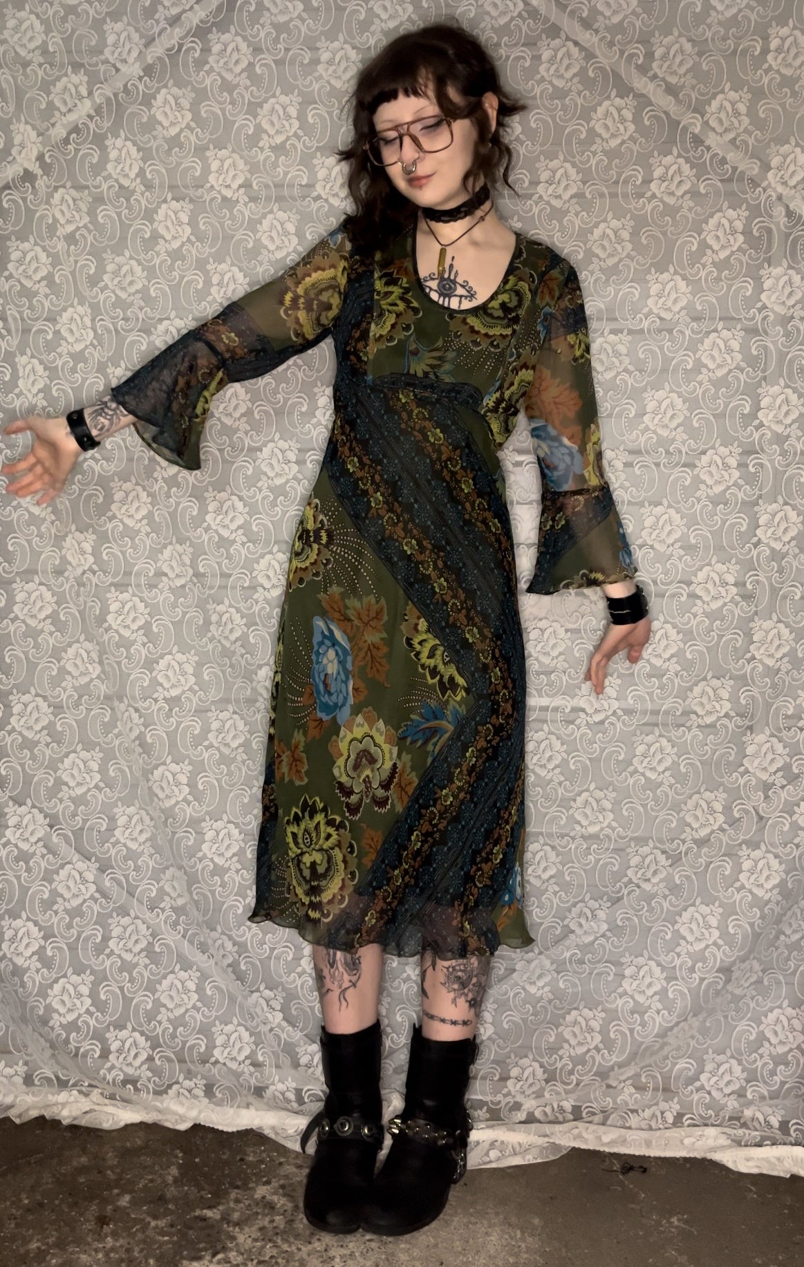 90s blue/green paisley bell sleeve dress