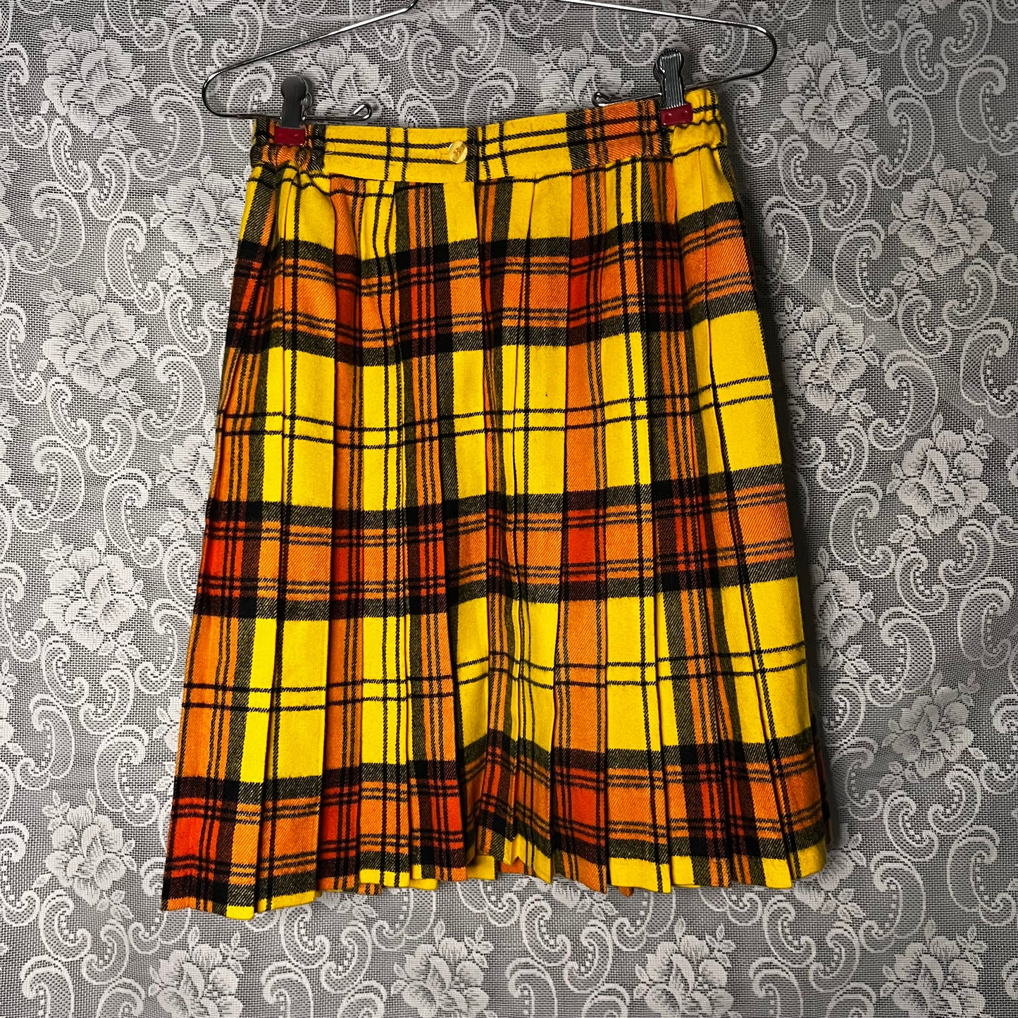 yellow and orange pleated wool plaid skirt