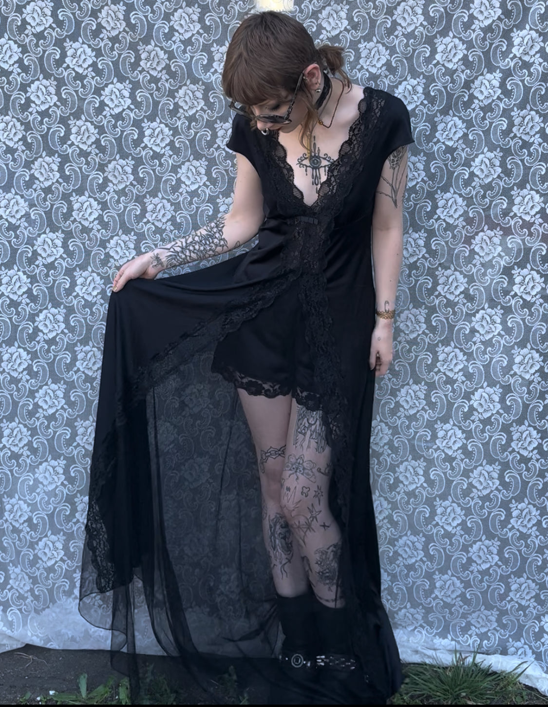 very long black sheer panel slip dress (as-is)