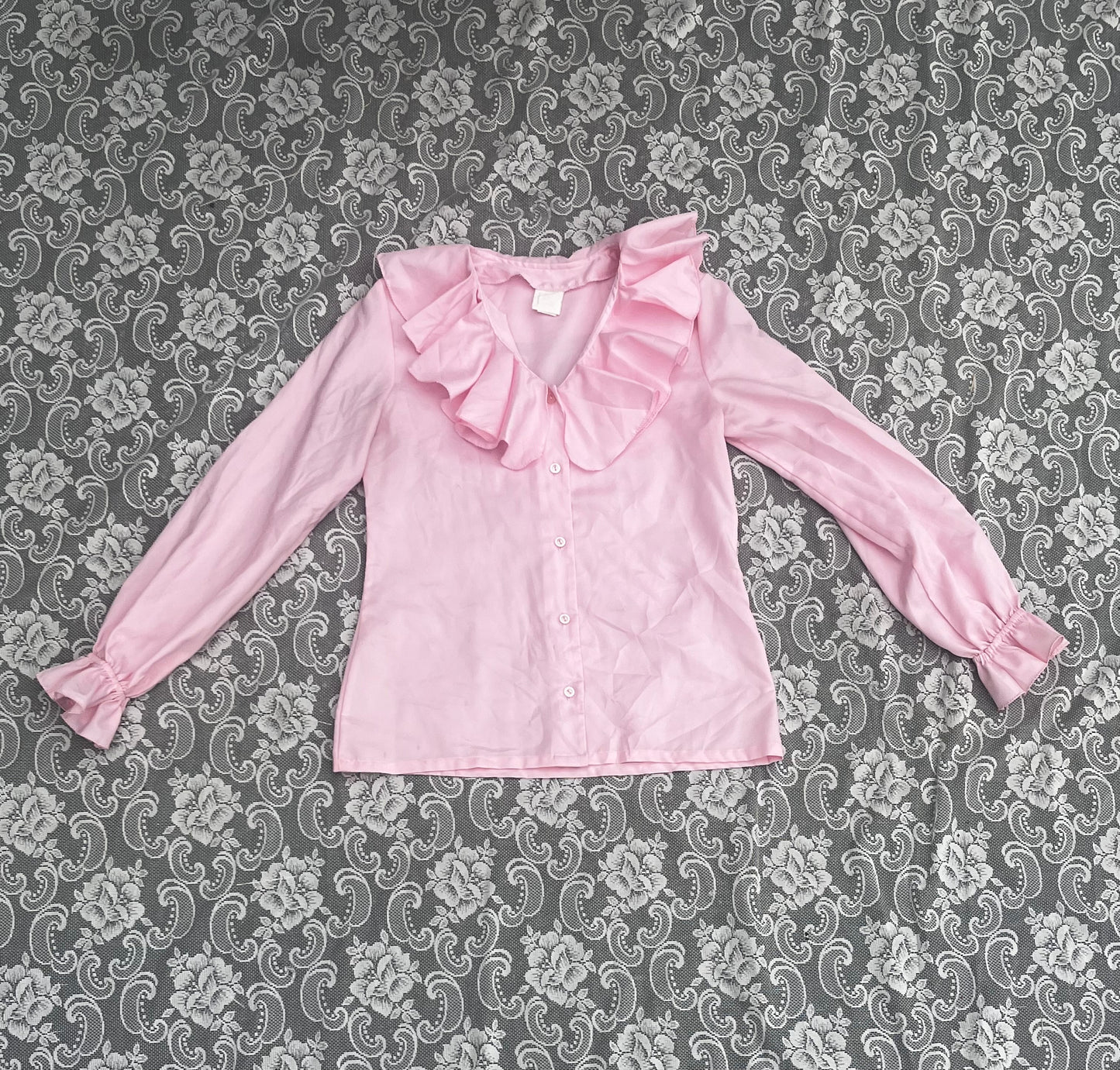 vintage frilly collar pink button up shirt