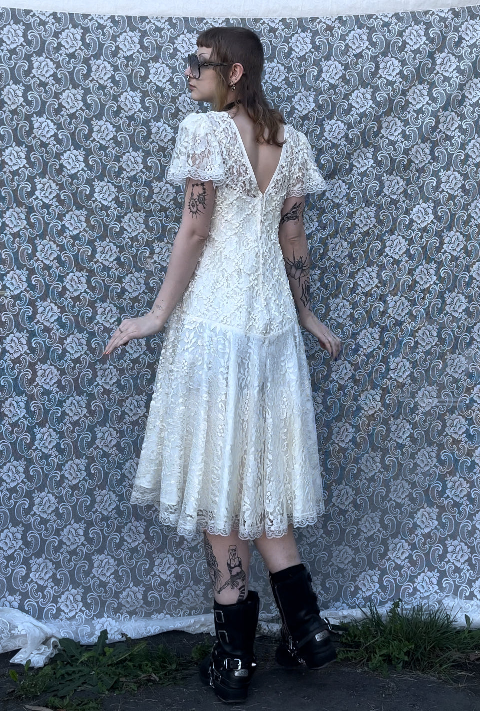 80s made in USA white lace drop waist formal dress