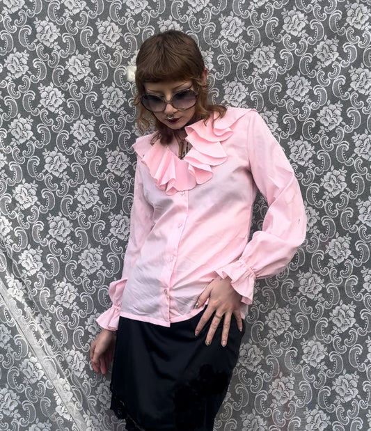 vintage frilly collar pink button up shirt