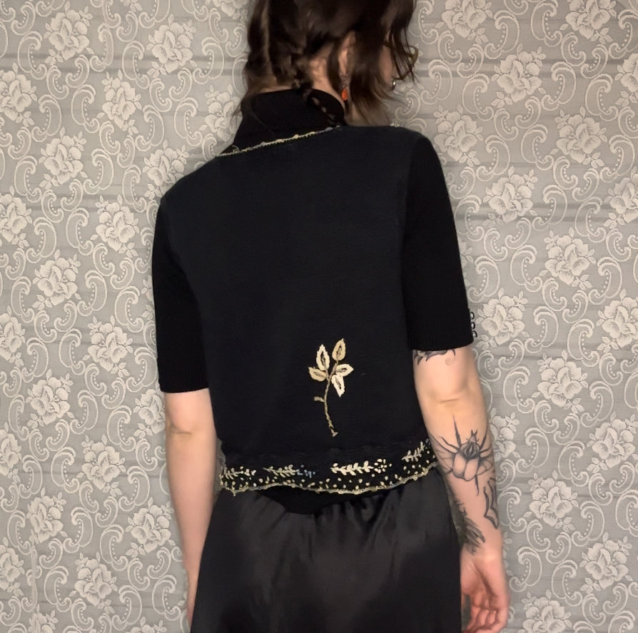 black knit embroidered flower vest