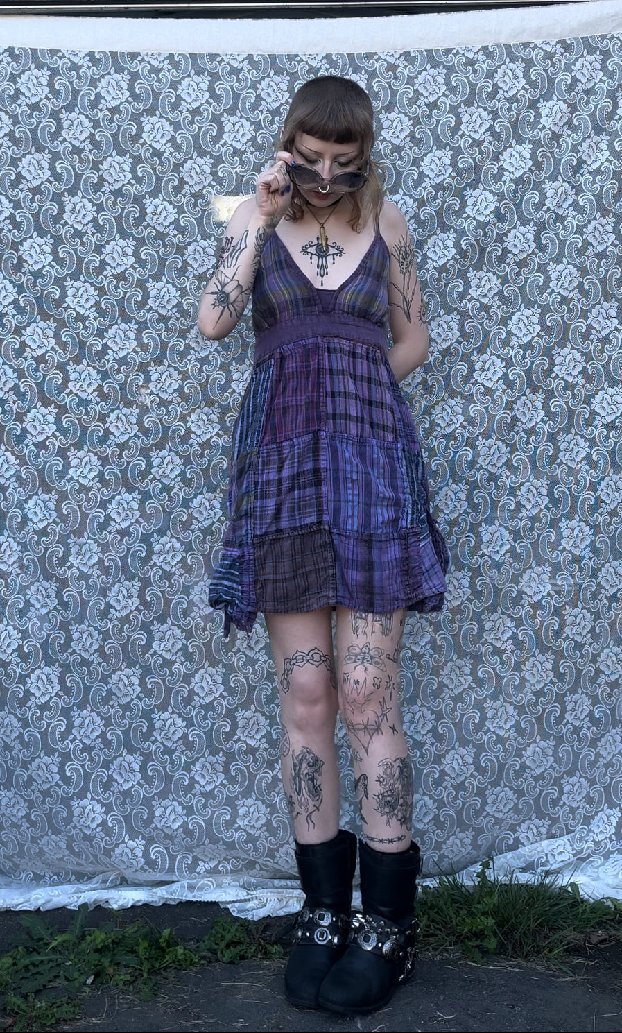 y2k purple plaid halter neck dress