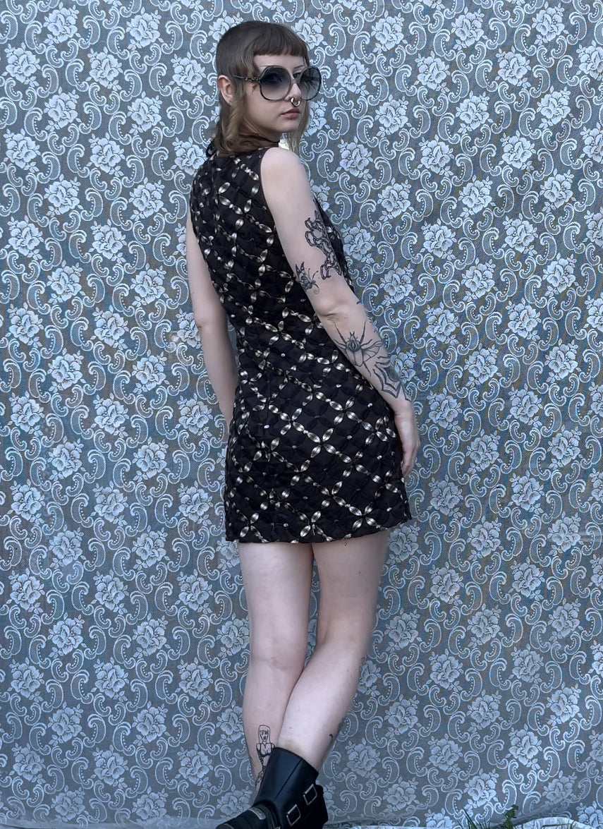 90s embroidered print brown mini dress