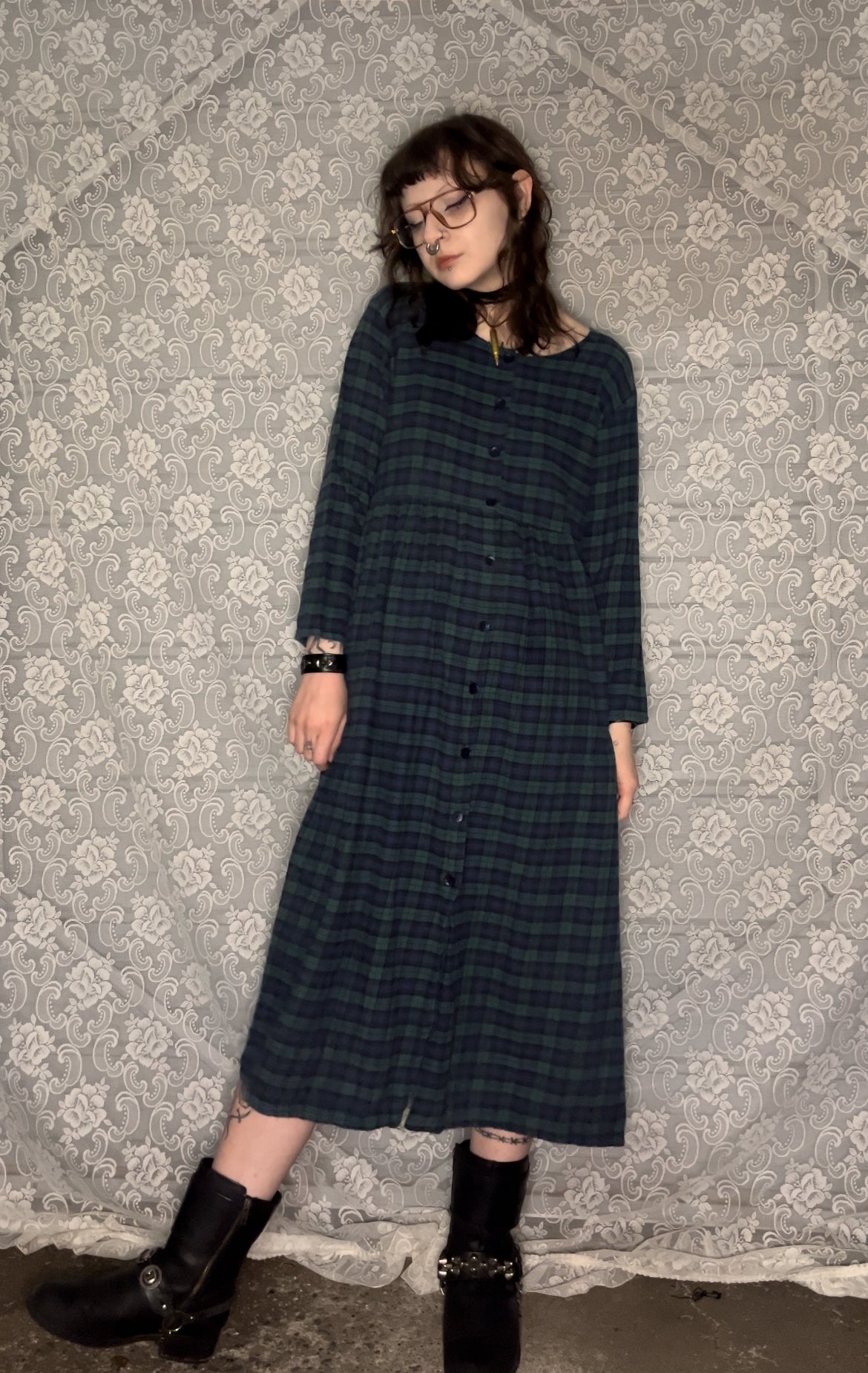 90s soft plaid button up dress