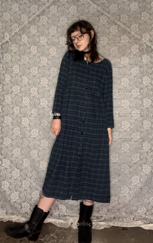 90s soft plaid button up dress