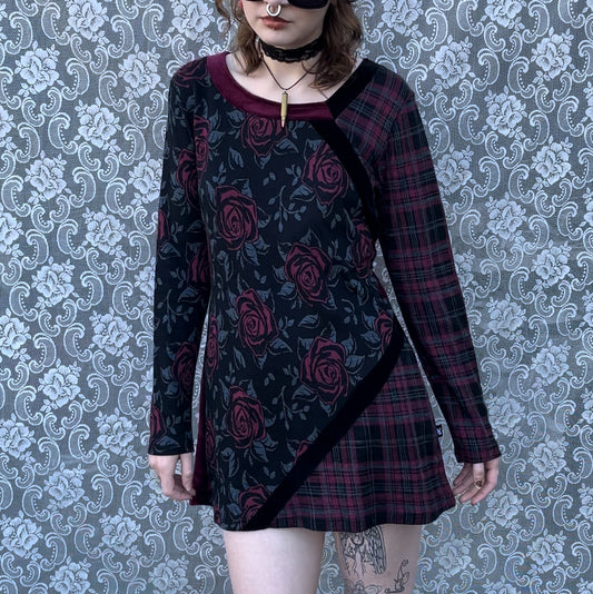 plaid/rose/velvet long sleeve mini dress