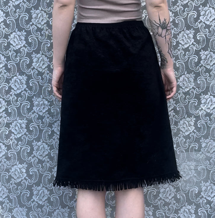 vintage fake suede granny square fringe skirt