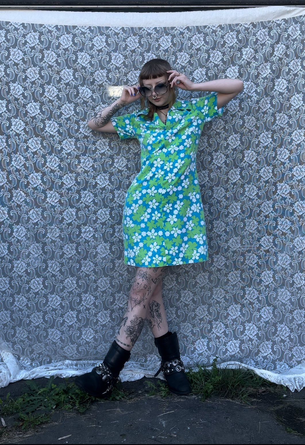 60s handmade blue n green hawaiian print collared dress