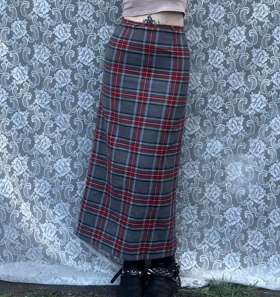 long grey n red plaid pencil skirt