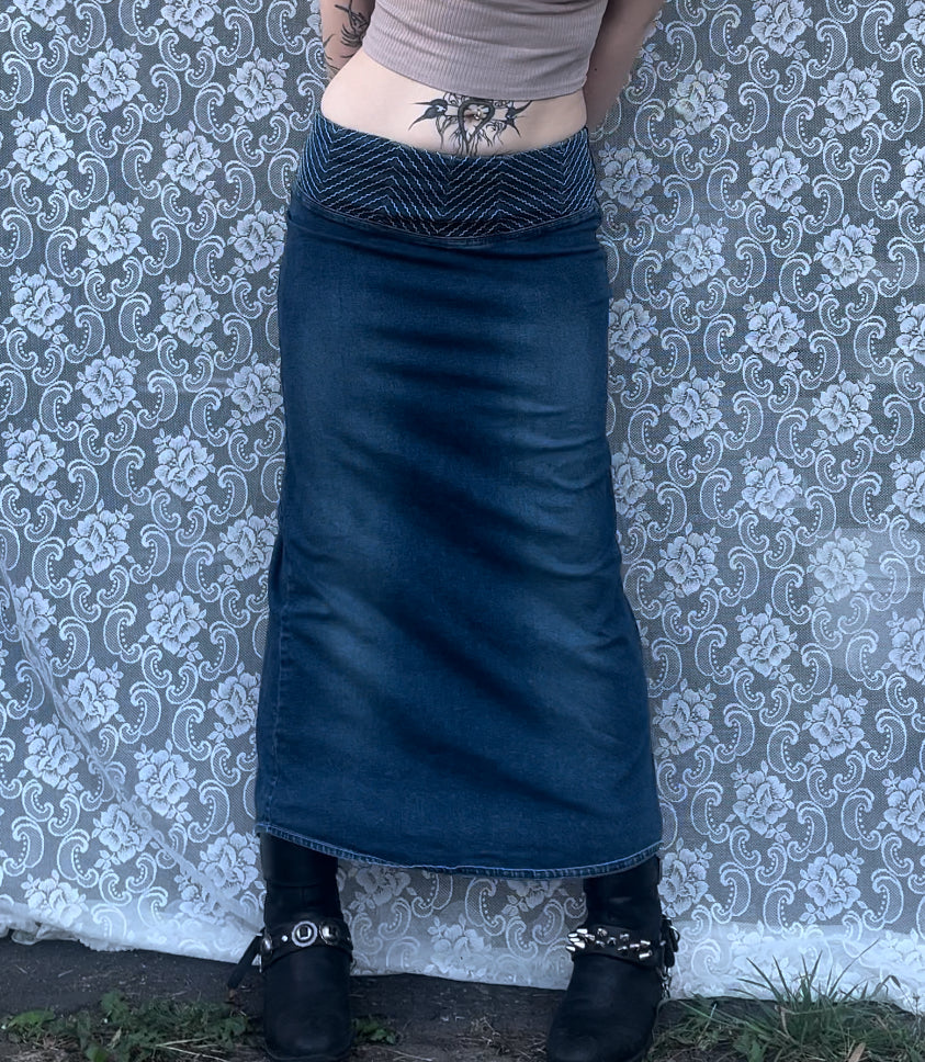 90s denim maxi skirt w/ lace up back