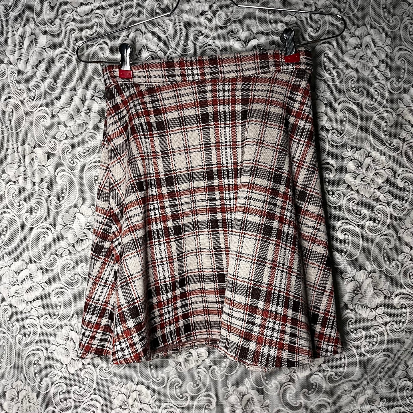 orange/brown/cream plaid mini wrap skirt