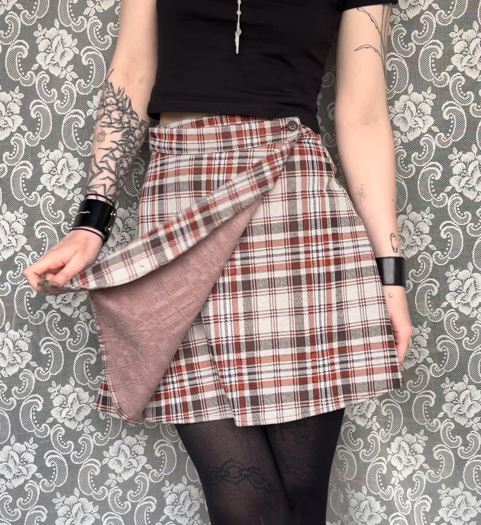 orange/brown/cream plaid mini wrap skirt