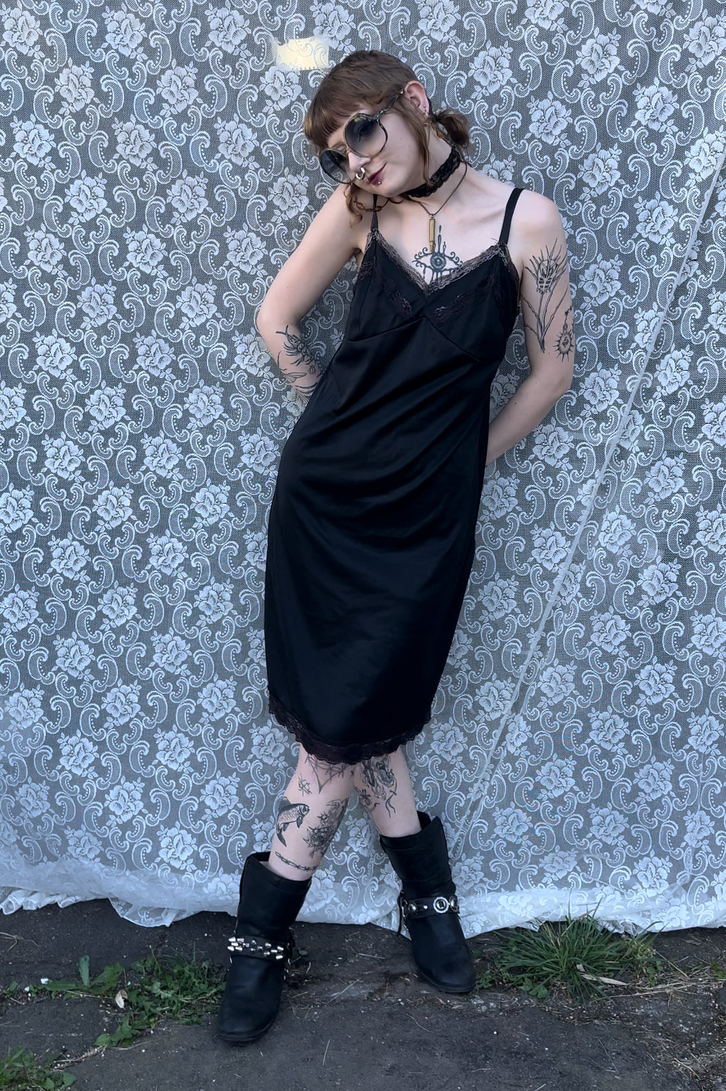 black slip dress w brownish lace trim