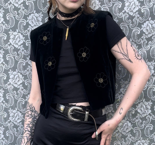 70s black velvet flower vest