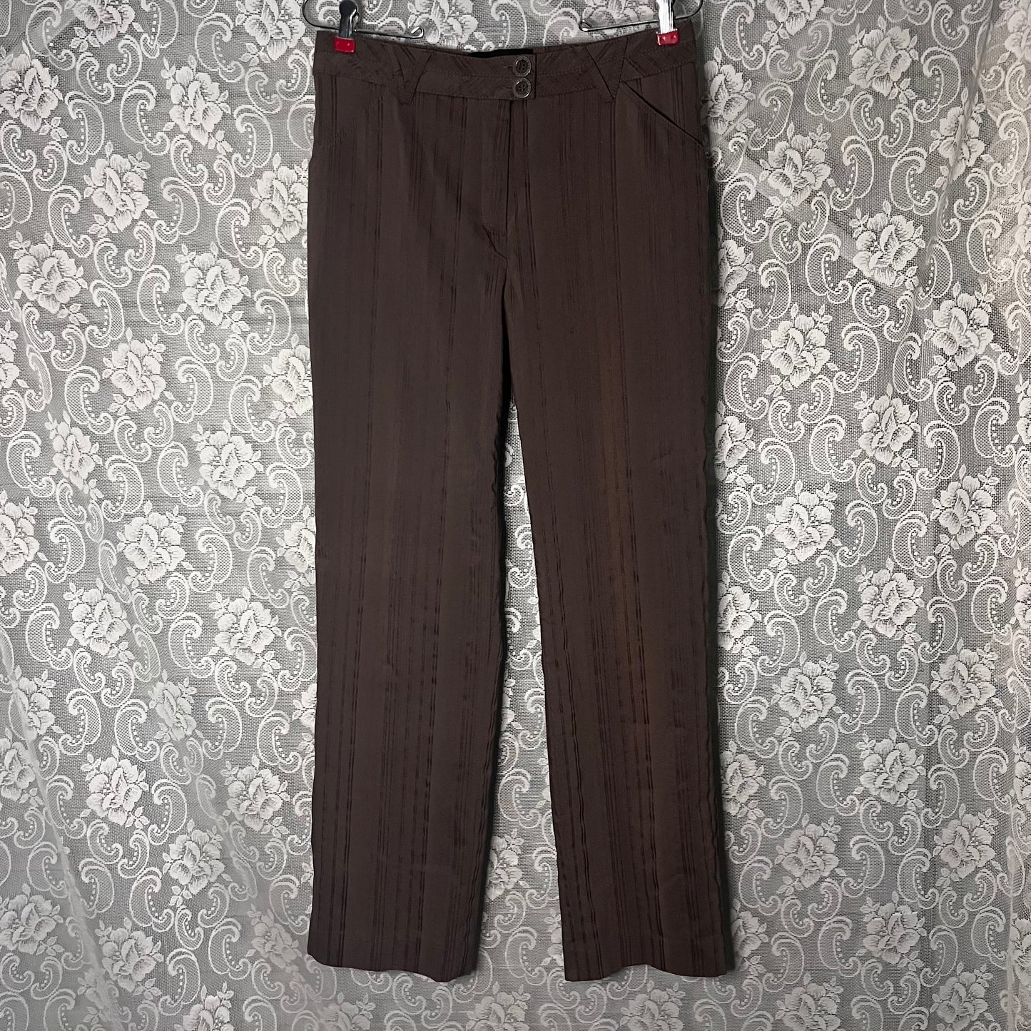 greyish brown pinstripe trouser pants