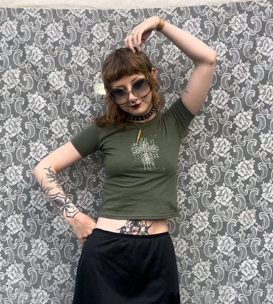 army green centipede cross block print XS baby tee