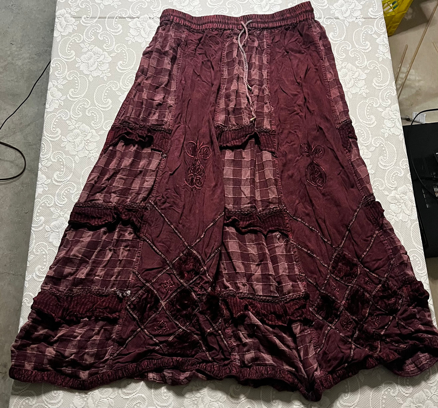 vintage plaid burgundy hippie skirt