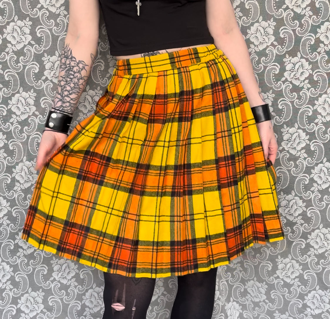 yellow and orange pleated wool plaid skirt