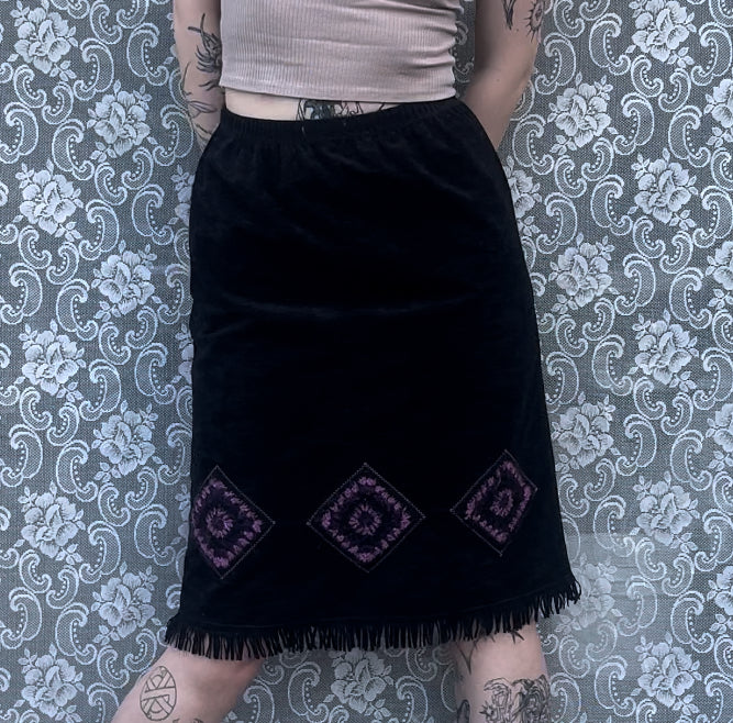 vintage fake suede granny square fringe skirt