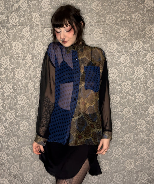 pattern clash sheer button up