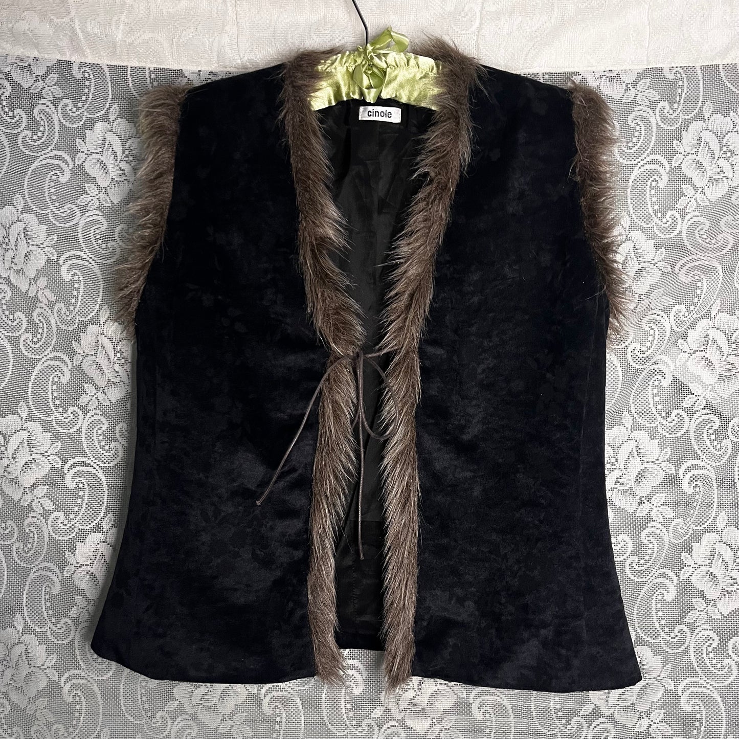 faux fur trim velvet vest