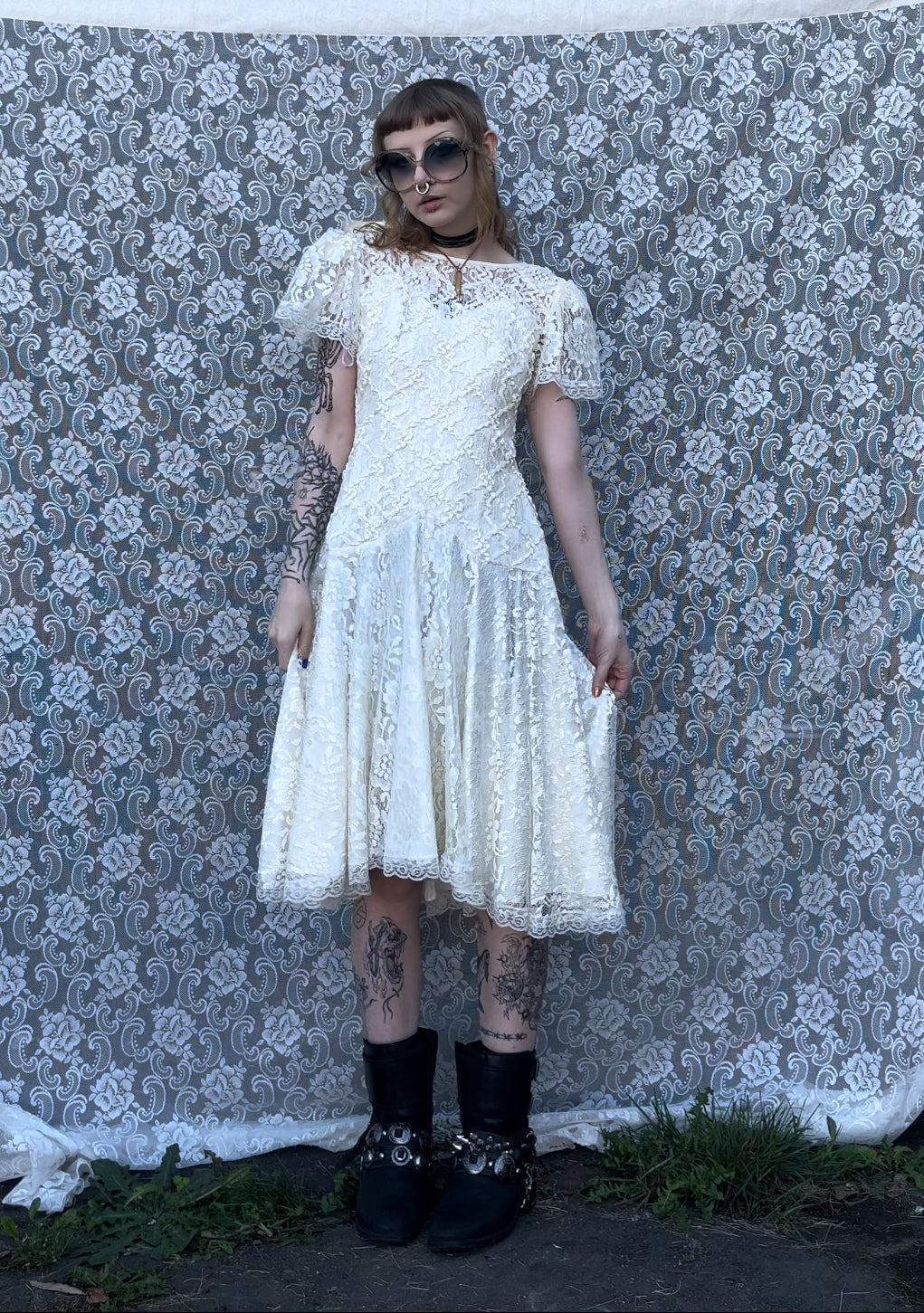 80s made in USA white lace drop waist formal dress